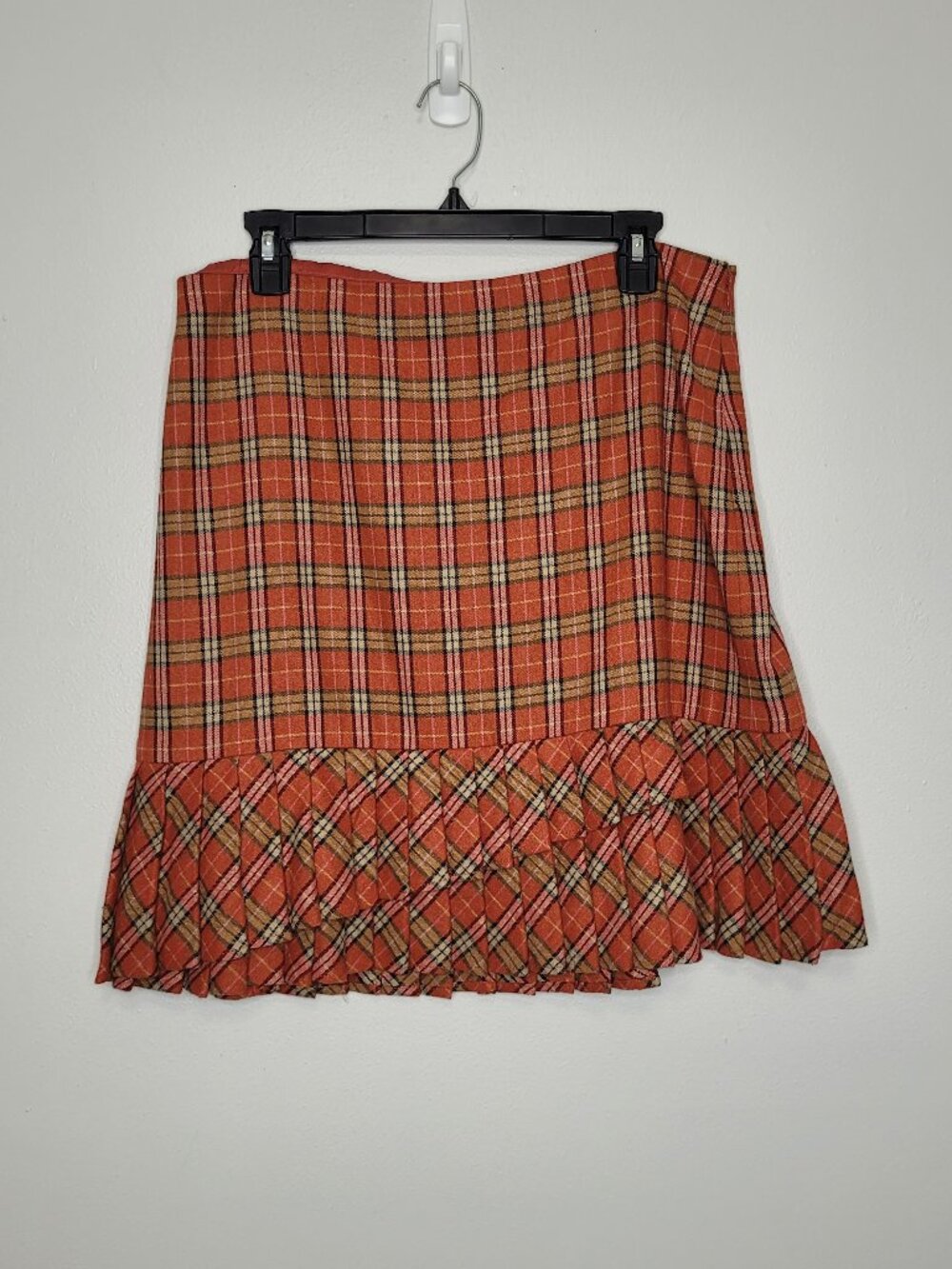 LOFT orange plaid pleated wool blend school girl preppy mini skirt size 14